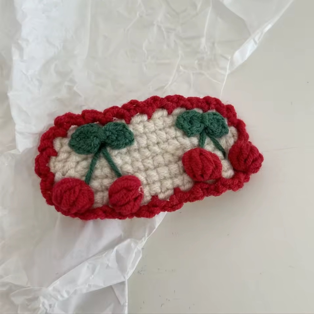 Handcrafted Crochet Hair-Clip, Cream with Red Cherries: Two on Card